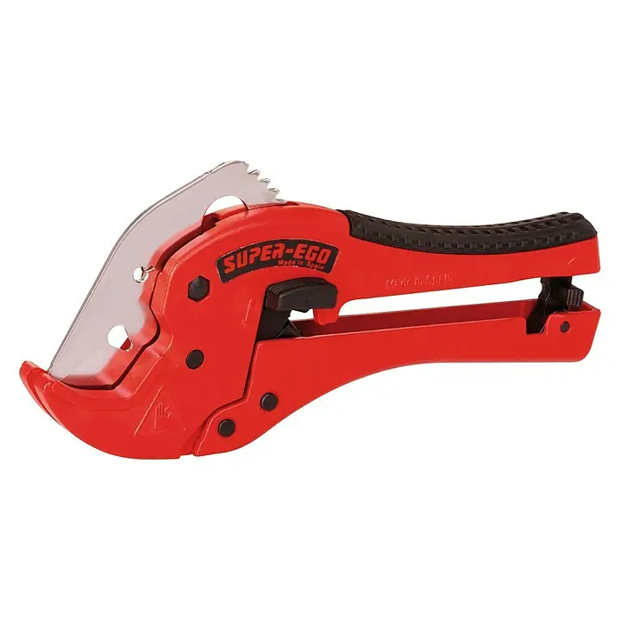 Super Ego Tijera universal corta tubos - Largo: 310 mm, Acero inoxidable - Imagen de un cortatubos rojo SUPER-EGO, una herramienta para cortar tubos, con mango negro.