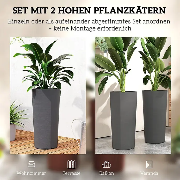 Furnicato Pflanzsäule rund - Kunststoff, Dunkelgrau - Zwei hohe, dunkelgraue Pflanzkübel mit polygonalem Design, einzeln oder als Set verwendbar. Ideal für Wohnzimmer, Terrasse, Balkon oder Veranda.