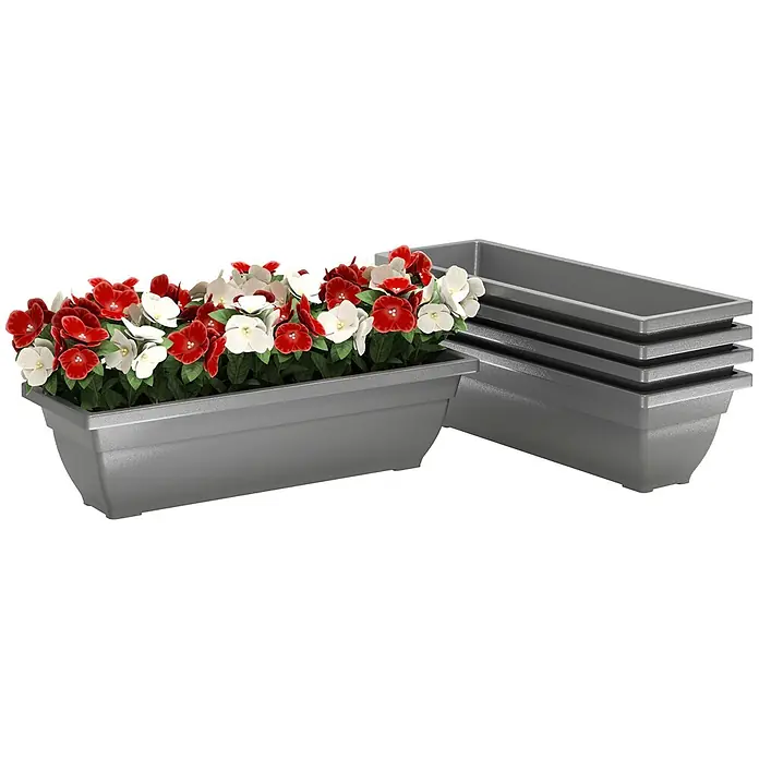 Furnicato Kräuterhochbeet - L x B x H: 59 x 21 x 16 cm, Material: Kunststoff - Vier graue rechteckige Blumenkästen aus Kunststoff; einer mit roten und weißen Blumen, drei leer gestapelt.