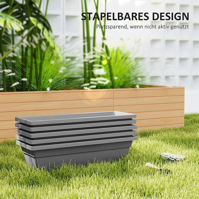 Furnicato Kräuterhochbeet - L x B x H: 59 x 21 x 16 cm, Material: Kunststoff - Gestapelte graue rechteckige Pflanzgefäße, die ihr platzsparendes Design zeigen.