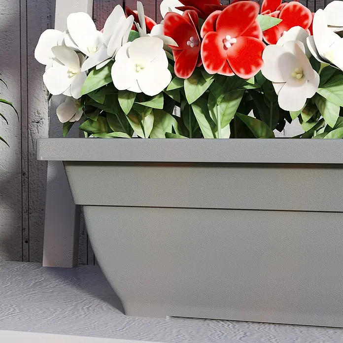 Furnicato Kräuterhochbeet - L x B x H: 59 x 21 x 16 cm, Material: Kunststoff - Grauer, strukturierter rechteckiger Pflanzkübel mit weißen und roten Blumen.