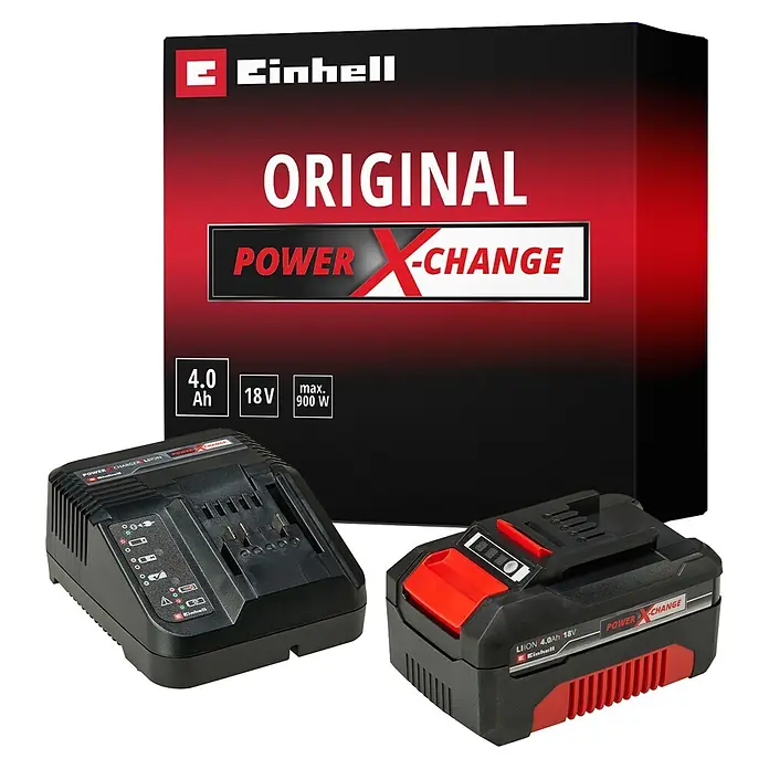 Einhell PXC 18V Akku & Ladegerät PXC-Starter-Kit - 18 V, 1 Akku, 4 Ah - Einhell Power X-Change 4,0 Ah 18V Akku und Ladegerät, schwarz mit roten Akzenten, für Akku-Werkzeuge.