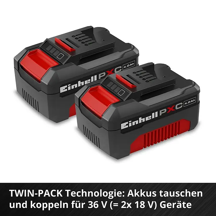 Einhell PXC 18V Akku & Ladegerät PXC-Starter-Kit - 18 V, 1 Akku, 4 Ah - Zwei schwarze Einhell PXC 4.0 Ah Akkus mit roten Akzenten, für TWIN-PACK 36V Geräte (2x 18V).