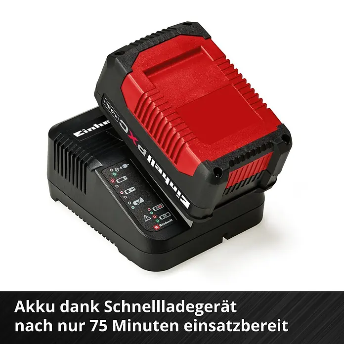 Einhell PXC 18V Akku & Ladegerät PXC-Starter-Kit - 18 V, 1 Akku, 4 Ah - Roter und schwarzer Einhell PXC Akku auf schwarzem Schnellladegerät. Nach 75 Minuten einsatzbereit.