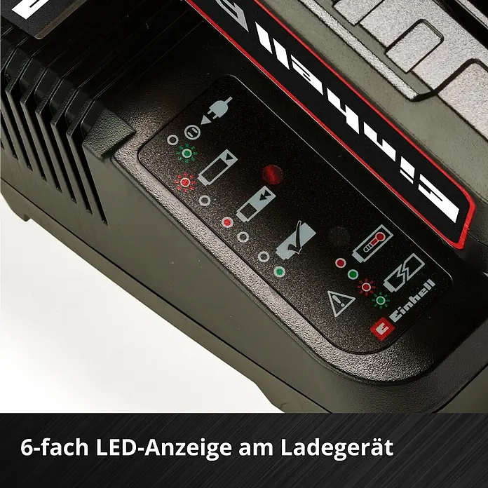 Einhell PXC 18V Akku & Ladegerät PXC-Starter-Kit - 18 V, 1 Akku, 4 Ah - Schwarzes Ladegerät mit beleuchteter Multi-LED-Anzeige für Ladestatus und Fehler.