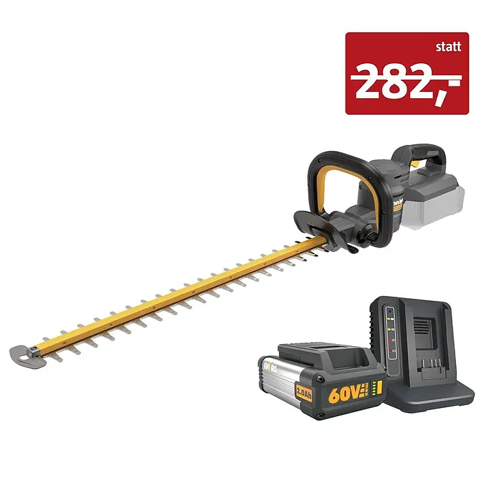 Worx ENVIRO Akku-Heckenschere EG261.9 - 60 V, 2 Ah, 1 Akku - Akku-Heckenschere in Schwarz/Grau/Gelb mit 60V 2.0Ah Akku und Ladegerät.