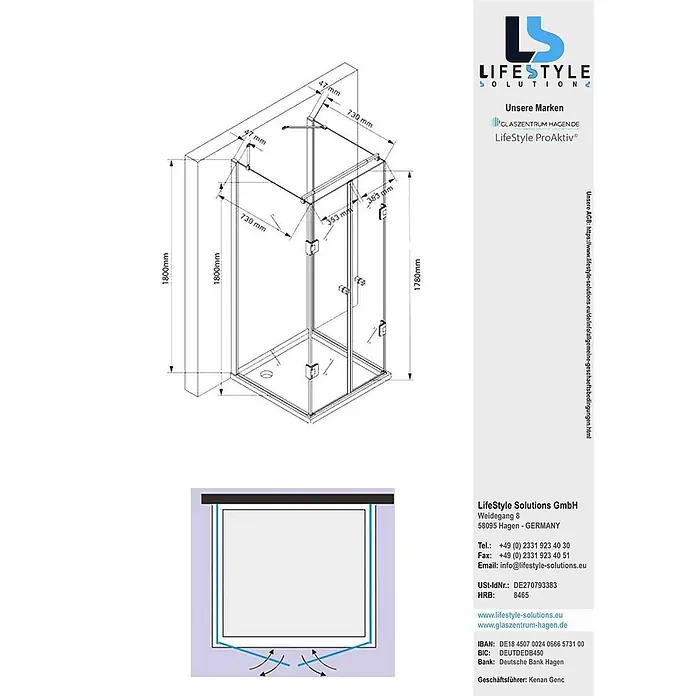 Glaszentrum Hagen U-Duschkabine 80x80x80x180 cm Ares U-Duschkabine GOLD - Imprägniert, Farblos - Technische Zeichnung einer Glas-Eckduschkabine mit Maßen, inklusive Metallscharnieren und -profilen.