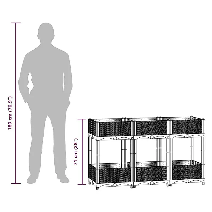 Furnicato Hochbeet - 40 x 120 x 71 cm, Kunststoff, Weiß - Schwarzes Hochbeet in Rattan-Optik, zweistöckig, 71 cm hoch, zur Größenordnung neben Person dargestellt.