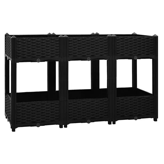 Furnicato Hochbeet - 120 x 40 x 71 cm, Kunststoff, Schwarz - Schwarzes zweistöckiges modulares Hochbeet mit geflochtener Rattan-Optik.
