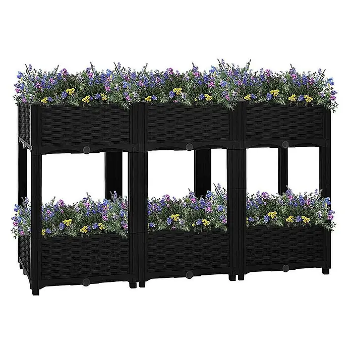 Furnicato Hochbeet - 120 x 40 x 71 cm, Kunststoff, Schwarz - Schwarzes zweistufiges Hochbeet aus Kunststoff mit Geflechtdesign, gefüllt mit bunten Blumen.