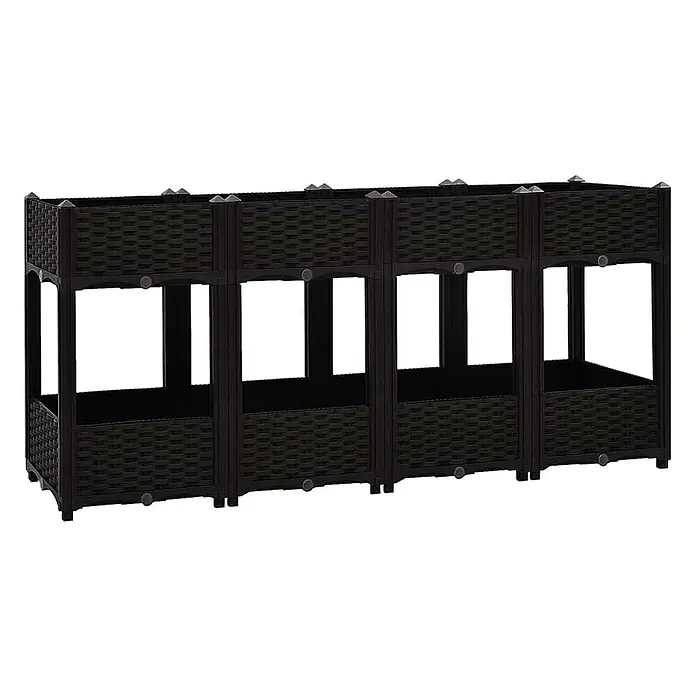 Furnicato Hochbeet - 160 x 40 x 71 cm, Kunststoff, Schwarz - Schwarzes zweistöckiges Hochbeet aus Kunststoff im Rattan-Look, ideal für den Pflanzenanbau.