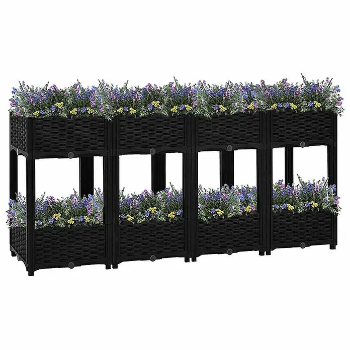Furnicato Hochbeet - 160 x 40 x 71 cm, Kunststoff, Schwarz - Schwarze, geflochtene Hochbeete in einer langen Reihe, mit bunten Blumen bepflanzt.