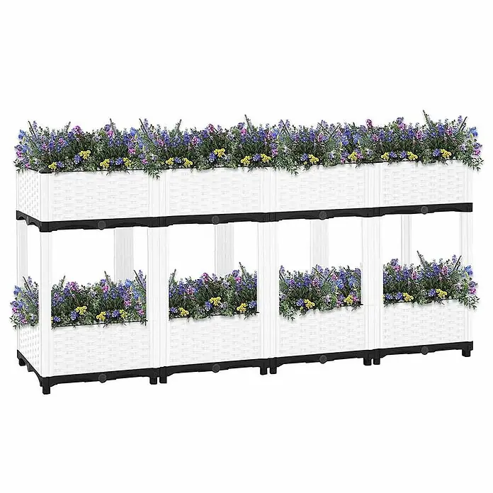 Furnicato Hochbeet - 160 x 40 x 71 cm, Kunststoff, Weiß - Zweistufiges weißes geflochtenes Pflanzkastensystem mit schwarzen Akzenten, gefüllt mit bunten Blumen.