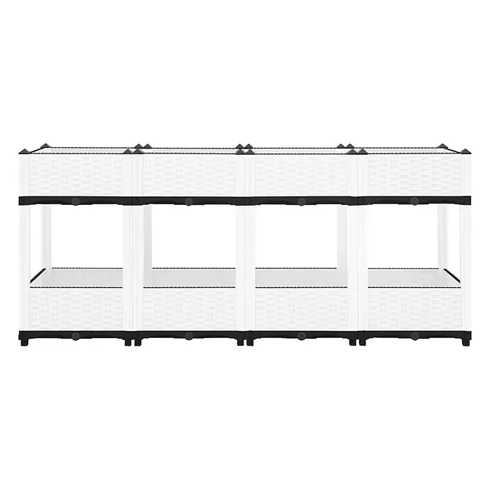 Furnicato Hochbeet - 160 x 40 x 71 cm, Kunststoff, Weiß - Weißes modulares Kunststoff-Pflanzgefäß mit schwarzem Rahmen, vier offenen Fächern und geflochtener Textur.