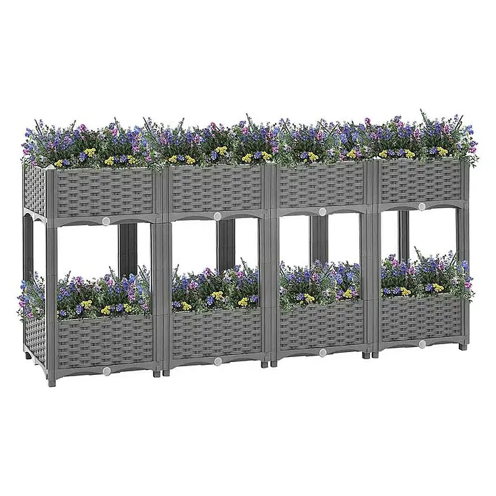 Furnicato Hochbeet - 160 x 40 x 71 cm, Kunststoff, Hellgrau - Modulare graue Hochbeete aus Kunststoff mit Rattan-Struktur, gestapelt und mit bunten Blumen bepflanzt.