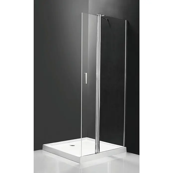 Mampara de ducha Walk-In Toke - 120 x 195 cm, Vidrio transparente, Cromo, Espesor de vidrio: 6 mm - Elegante cabina de ducha con vidrio claro y marco cromado. El plato de ducha es blanco y tiene un desagüe en el centro. El diseño es moderno y minimalista.