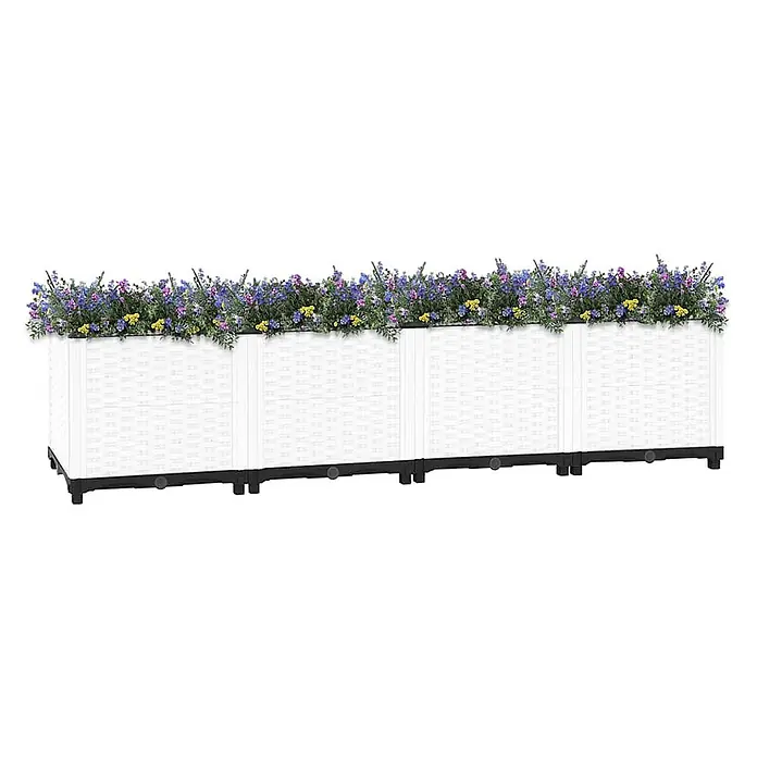 Furnicato Hochbeet - 160 x 40 x 38 cm, Kunststoff, Weiß - Weißer Blumenkasten im Rattan-Stil, gefüllt mit lebhaften blauen, violetten und gelben Blumen, mit schwarzem Sockel und Ablassstopfen.