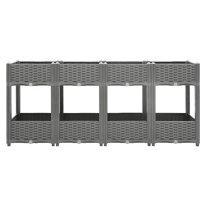 Furnicato Hochbeet - 160 x 40 x 71 cm, Kunststoff, Hellgrau - Graues zweistufiges Kunststoff-Pflanzgefäß mit geflochtener Rattan-Optik. Dieses modulare Hochbeet bietet mehrere Pflanzbereiche.
