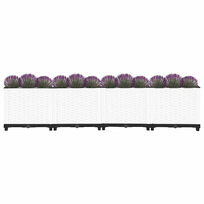 Furnicato Hochbeet - 160 x 40 x 38 cm, Kunststoff, Weiß - Weiße, rechteckige Pflanzkästen mit Flechtstruktur, gefüllt mit lila Pflanzen. Sie haben schwarze modulare Basen.