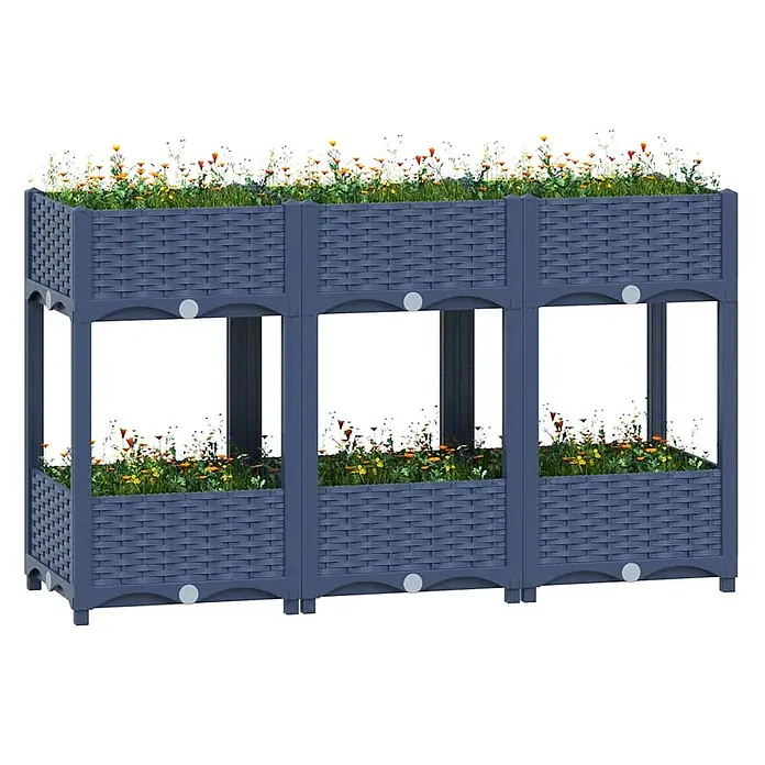 Furnicato Hochbeet - 120 x 40 x 71 cm, Kunststoff, Blaugrau - Blaues Hochbeet in Rattan-Optik, modular, mit zwei Pflanzebenen.