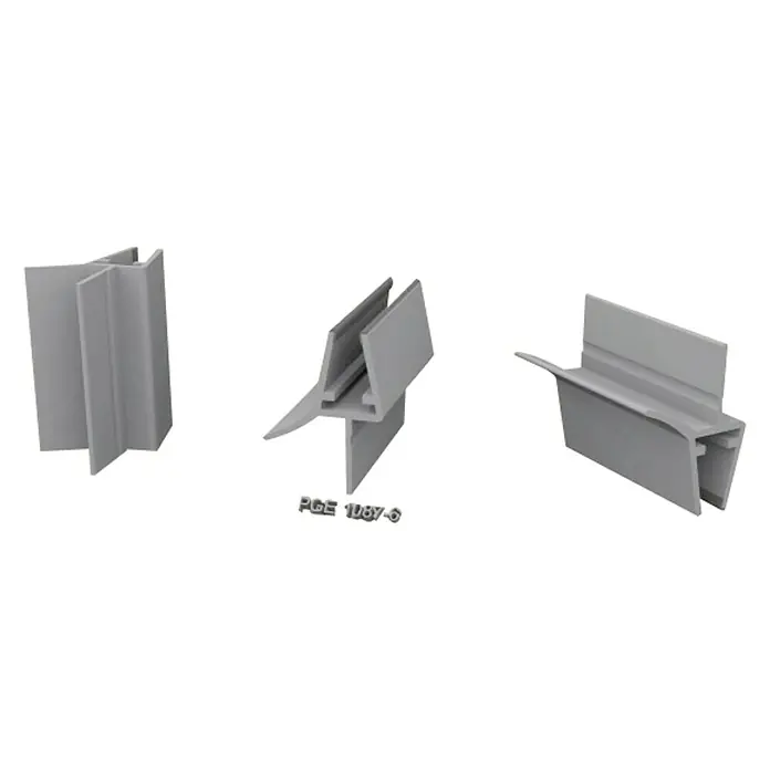Perfil de sellado vierteaguas 5-6-8 - L x An x Al: 100 x 3 x 3 cm - Representación de tres perfiles grises PGE 108Y-G, que pueden utilizarse para diversas aplicaciones en la construcción o la fabricación.