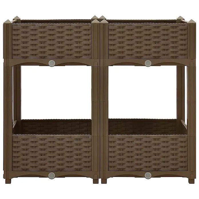 Furnicato Hochbeet - 80 x 40 x 71 cm, Kunststoff, Braun - Braunes, zweistöckiges Pflanzregal aus Kunststoff in Rattan-Optik mit vier Fächern.