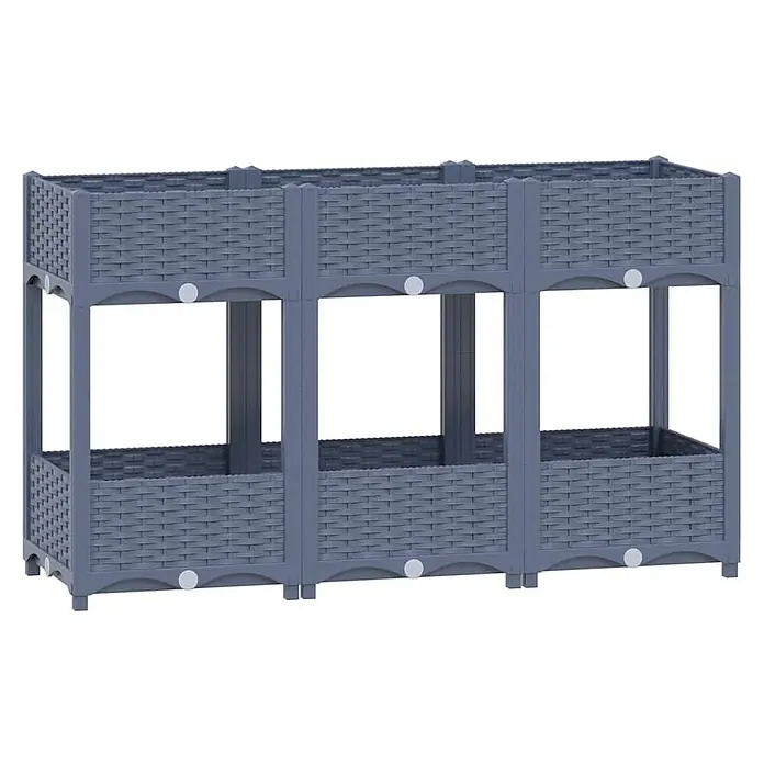 Furnicato Hochbeet - 120 x 40 x 71 cm, Kunststoff, Blaugrau - Zweistöckiges, graues Hochbeet in Rattan-Optik mit drei Fächern pro Etage.