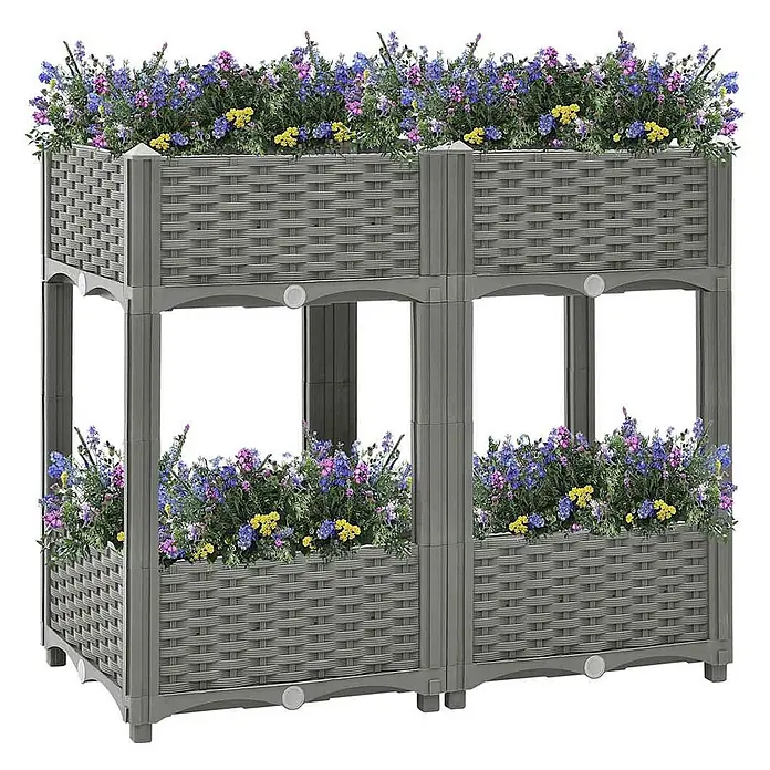 Furnicato Hochbeet - 40 x 80 x 71 cm, Kunststoff, Hellgrau - Zweistöckiger grauer Kunststoff-Pflanzkasten mit Flechtoptik, gefüllt mit bunten lila, blauen und gelben Blumen.