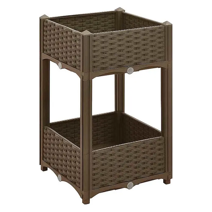 Furnicato Hochbeet - 71 x 40 x 71 cm, Kunststoff, Braun - Zweistöckiger brauner Pflanzkasten oder Aufbewahrungseinheit aus Rattan-Kunststoff mit zwei quadratischen Körben.