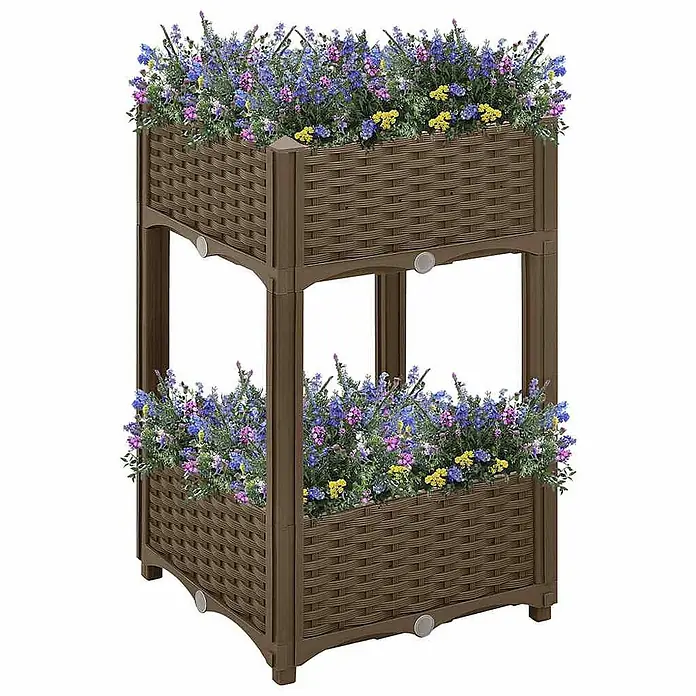 Furnicato Hochbeet - 71 x 40 x 71 cm, Kunststoff, Braun - Brauner zweistöckiger Hochbeet-Pflanzkasten in Rattan-Optik, gefüllt mit bunten Blumen.