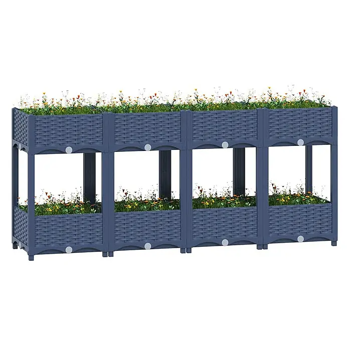 Furnicato Hochbeet - 160 x 40 x 71 cm, Kunststoff, Blaugrau - Dunkelblaues, geflochtenes Kunststoff-Hochbeet mit zwei Ebenen und Blumen.