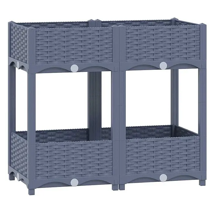 Furnicato Hochbeet - 80 x 40 x 71 cm, Kunststoff, Blaugrau - Dunkelgraues Hochbeet aus Kunststoff in Rattan-Optik mit zwei Etagen und vier Pflanzfächern.