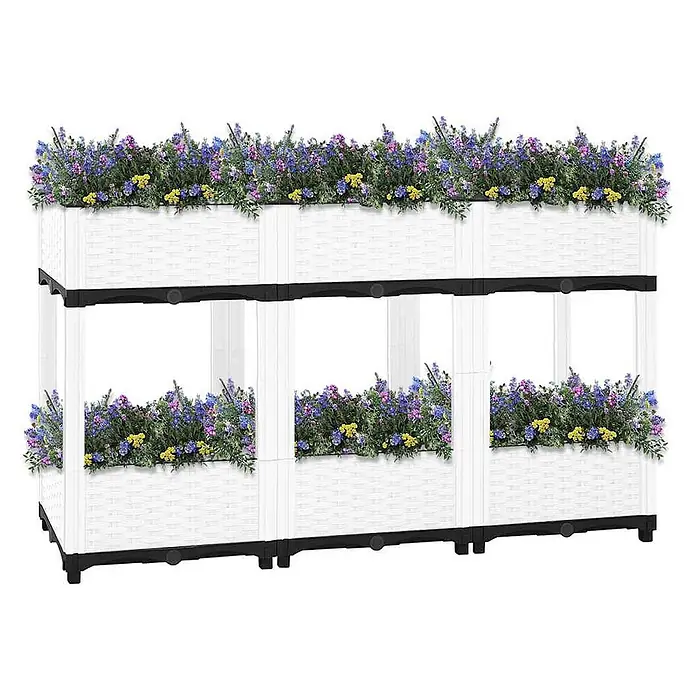 Furnicato Hochbeet - 40 x 120 x 71 cm, Kunststoff, Weiß - Weißer zweistöckiger Hochbeet-Pflanzkasten in Flechtoptik mit schwarzen Akzenten, gefüllt mit bunten Blumen.