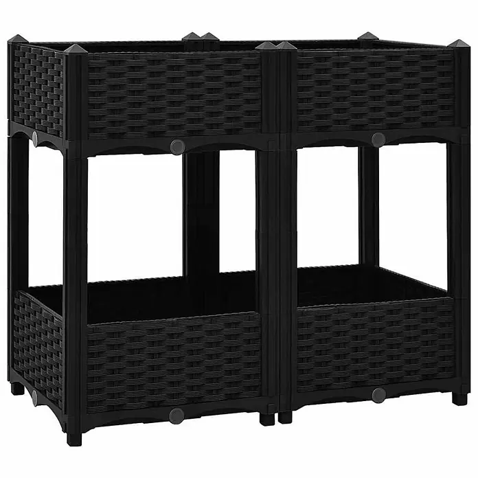 Furnicato Hochbeet - 80 x 40 x 71 cm, Kunststoff, Schwarz - Schwarzes Kunststoff-Hochbeet im Rattan-Look mit zwei Ebenen.