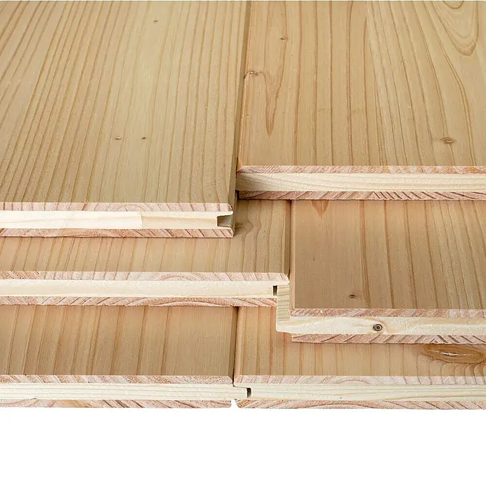 elka 3-Schichtplatte Vita - Douglasie, 2.500 x 660 x 19 mm - Helle Holzpaneele mit Nut-und-Feder-Verbindung, teilweise ineinandergesteckt, zeigen natürliche Holzmaserung.