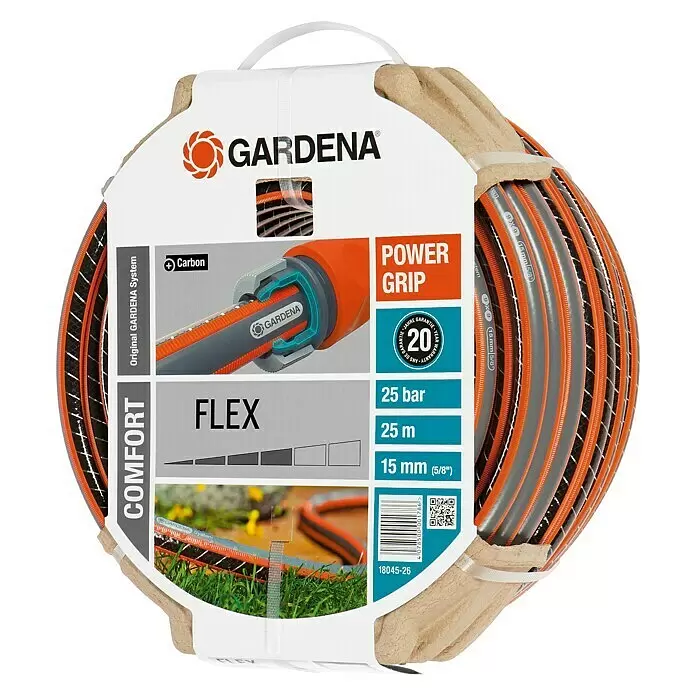 Gardena Manguera para jardín - Ø x L: 15 mm x 25 m - Manguera de jardín Gardena Flex Comfort, 15 mm (5/8"), naranja y gris, enrollada en su embalaje ecológico.