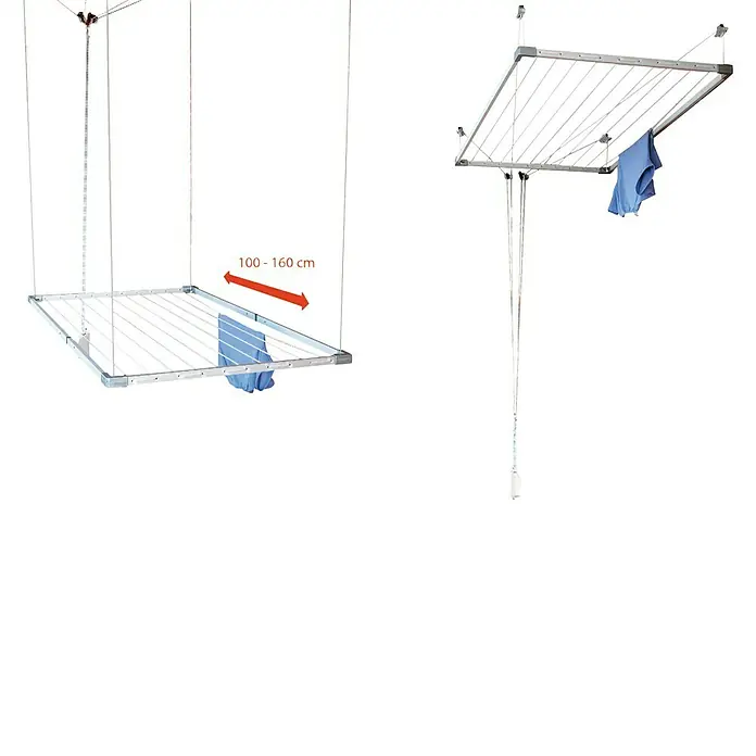 Tendedero elevable - Longitud cuerda de tender: 19 m, L x An: 100 x 78 cm, Plateado - Se muestra un tendedero de ropa montado en el techo con ropa azul encima. La longitud del tendedero está marcada como 100 - 160 cm.