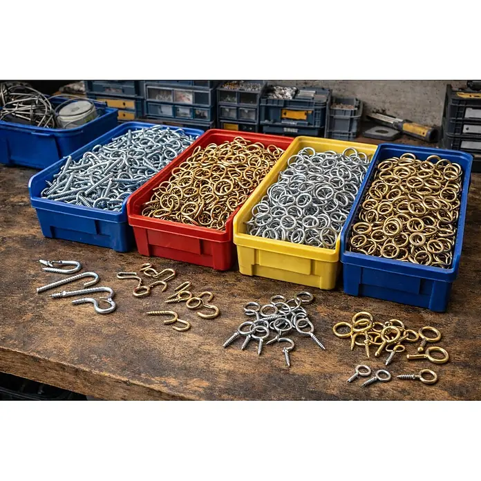 Conacord Escarpia roscada - Largo: 100 mm, Acero, Blanco - Surtido de cáncamos y ganchos de copa plateados galvanizados y de latón en contenedores de colores y esparcidos sobre un banco de madera.
