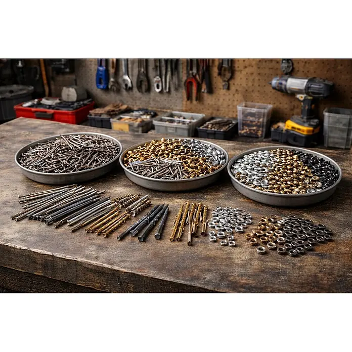 Element System Juego de tornillo y taco - Diámetro taco: 6 mm, Longitud taco: 30 mm, Niquelado - Surtido de fijaciones metálicas: clavos, tornillos, anclajes y arandelas, organizados en un banco de trabajo.