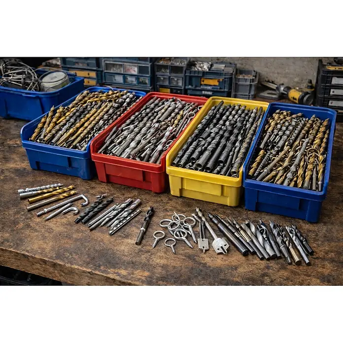 Stanley Broca para hormigón y mampostería STA85050-XJ - 5 pzs., Diámetro de la broca: 8 mm - Surtido de brocas metálicas de varios tamaños y acabados, algunas en cajas de colores, sobre un banco de trabajo de madera.