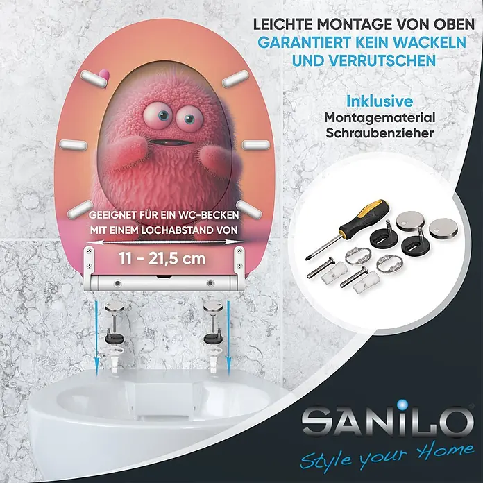 SANILO WC-Sitz Coco mit Schnellverschluss - MDF, Hellrosa, Mit Absenkautomatik - Toilettensitz mit pinkem Monster-Design, einfacher Top-Montage, 11-21,5 cm Lochabstand, inkl. Montagematerial/Schraubenzieher. Garantiert wackelfrei.