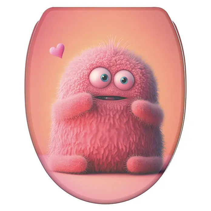 SANILO WC-Sitz Coco mit Schnellverschluss - MDF, Hellrosa, Mit Absenkautomatik - Rosafarbener Toilettensitzbezug mit einem süßen, flauschigen Cartoon-Monster mit großen blauen Augen und einem kleinen rosa Herz.