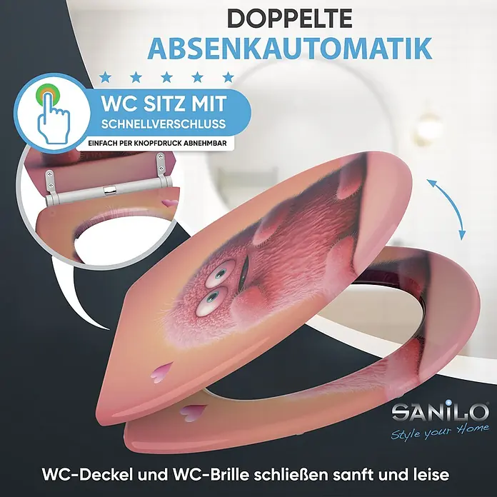 SANILO WC-Sitz Coco mit Schnellverschluss - MDF, Hellrosa, Mit Absenkautomatik - Rosa WC-Sitz mit Cartoon-Motiv, doppelter Absenkautomatik und Schnellverschluss zur einfachen Reinigung.
