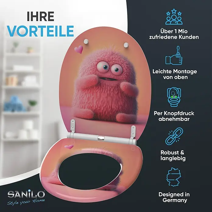 SANILO WC-Sitz Coco mit Schnellverschluss - MDF, Hellrosa, Mit Absenkautomatik - Rosafarbener Toilettensitz mit niedlichem, flauschigem Monsterdesign, mit Schnellverschluss und Top-Fix-Montage.