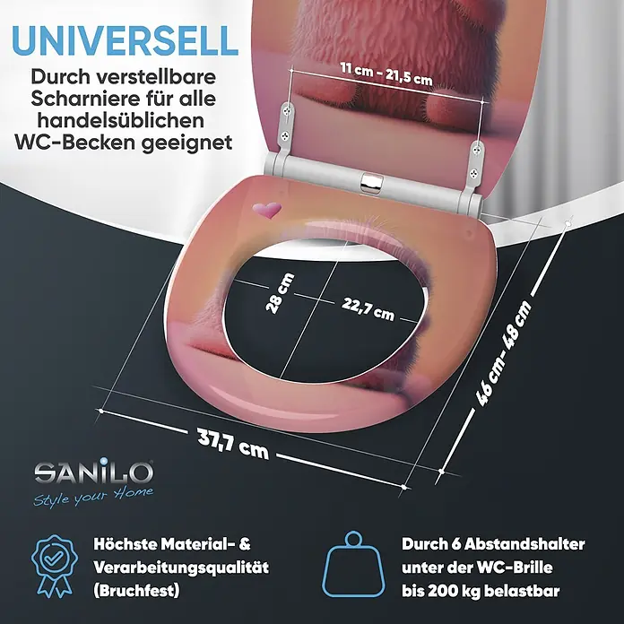 SANILO WC-Sitz Coco mit Schnellverschluss - MDF, Hellrosa, Mit Absenkautomatik - Rosa Toilettensitz mit flauschigem Design, universell passend, bruchfest und bis 200 kg belastbar.