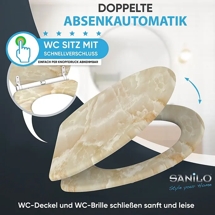 SANILO WC-Sitz Marmor Natur mit Schnellverschluss - MDF, Braun, Mit Absenkautomatik - Heller beiger Marmor-WC-Sitz mit Absenkautomatik und Schnellverschluss.