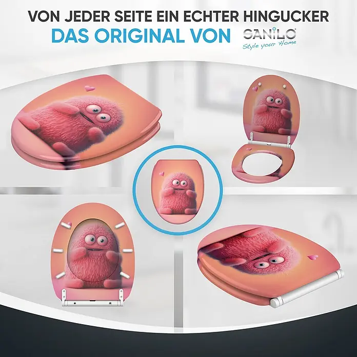 SANILO WC-Sitz Coco mit Schnellverschluss - MDF, Hellrosa, Mit Absenkautomatik - Pinker Toilettensitz mit niedlichem, flauschigem Monster-Design, aus verschiedenen Blickwinkeln.