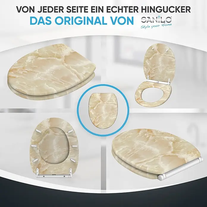 SANILO WC-Sitz Marmor Natur mit Schnellverschluss - MDF, Braun, Mit Absenkautomatik - Toilettensitz mit beige-braunem Marmor-/Onyx-Muster, aus verschiedenen Blickwinkeln dargestellt, einschließlich geschlossener, offener und Untersicht.