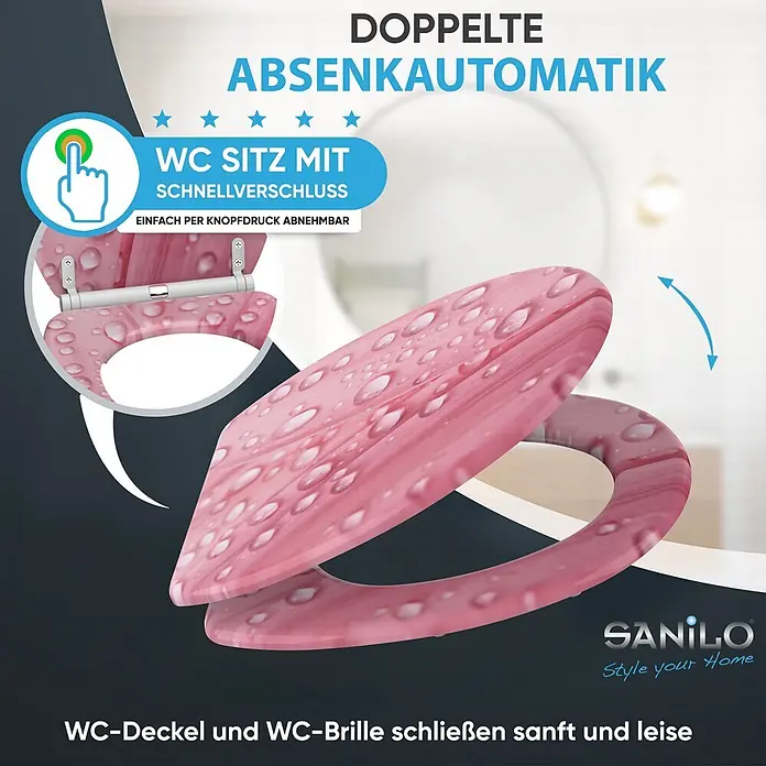 SANILO WC-Sitz Pink Flower mit Schnellverschluss - MDF, Pink, Mit Absenkautomatik - Rosafarbener WC-Sitz mit doppelter Absenkautomatik und Schnellverschluss für sanftes, leises Schließen.