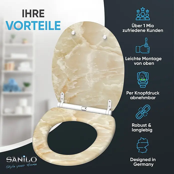 SANILO WC-Sitz Marmor Natur mit Schnellverschluss - MDF, Braun, Mit Absenkautomatik - Ein geöffneter, beiger Toilettensitz mit Onyx-Marmor-Muster und weißen Scharnieren.